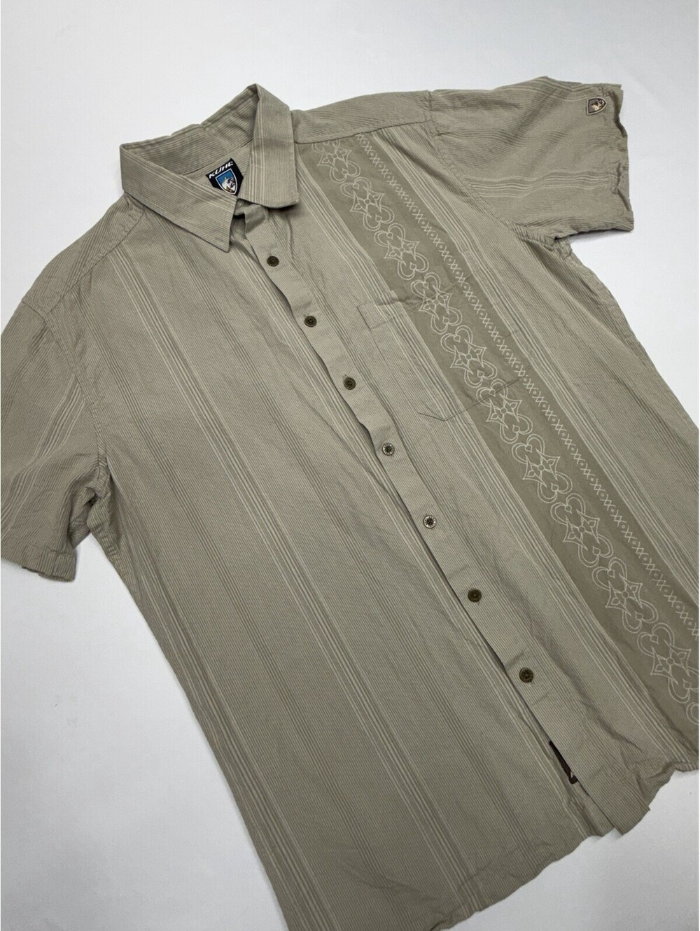 Kuhl Mens Organic Cotton Striped Embroidered M Button Down Shirt Tan Hiking EUC